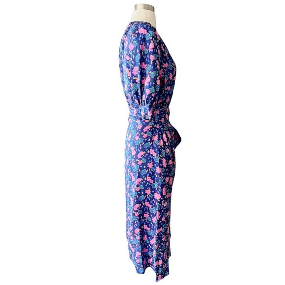 MARC JACOBS Silk Wrap Dress Half Puff Sleeves Belted Floral Blue Pink V-Neck 6 - Picture 4 of 10